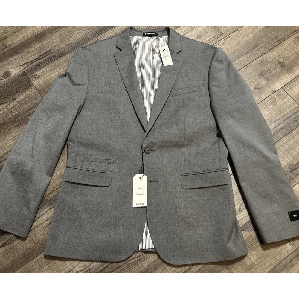 NEW EXPRESS $298 LITE  GRAY SLIM STRETCH WOOL BLEND SUIT‎ JACKET SZ 38S